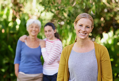 Buy stock photo Nature, portrait and woman with teenager and grandmother in outdoor park, field or garden together. Happy, smile and female person with girl kid and senior mother in retirement in backyard in Canada.