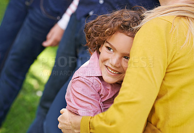 Buy stock photo Kid, woman or hug as thinking of family, support or safety as vision of trust, bonding or together. Boy, mother or idea of happy, outing or memory of care as protection in park on summer afternoon