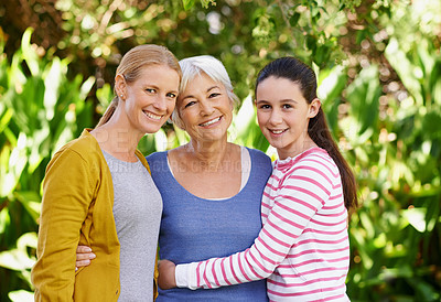Buy stock photo Portrait, woman or child as family, support or visit to relax as happy, bonding or together. Grandma, mom or girl as smile, sunshine or retirement to hug in garden on morning summer day in Hollywood
