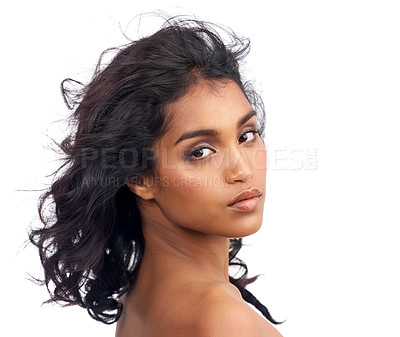 Buy stock photo Beauty, portrait and indian woman in studio with hair care from cosmetics in white background. Dermatology, skincare and calm model with healthy glow on skin from makeup or natural hairstyle mockup