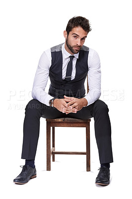 Buy stock photo Studio, portrait and businessman with chair, formal and business for style and fashion. Professional, lawyer or attorney with corporate, career and consultant with suit isolated on white background