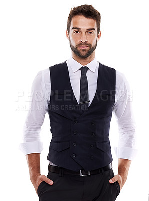 Buy stock photo Studio, entrepreneur and man in suit for portrait, stylish and fashion for aesthetic of glamour and luxury. Adult, guy and male person in white background, tuxedo and professional for job and career