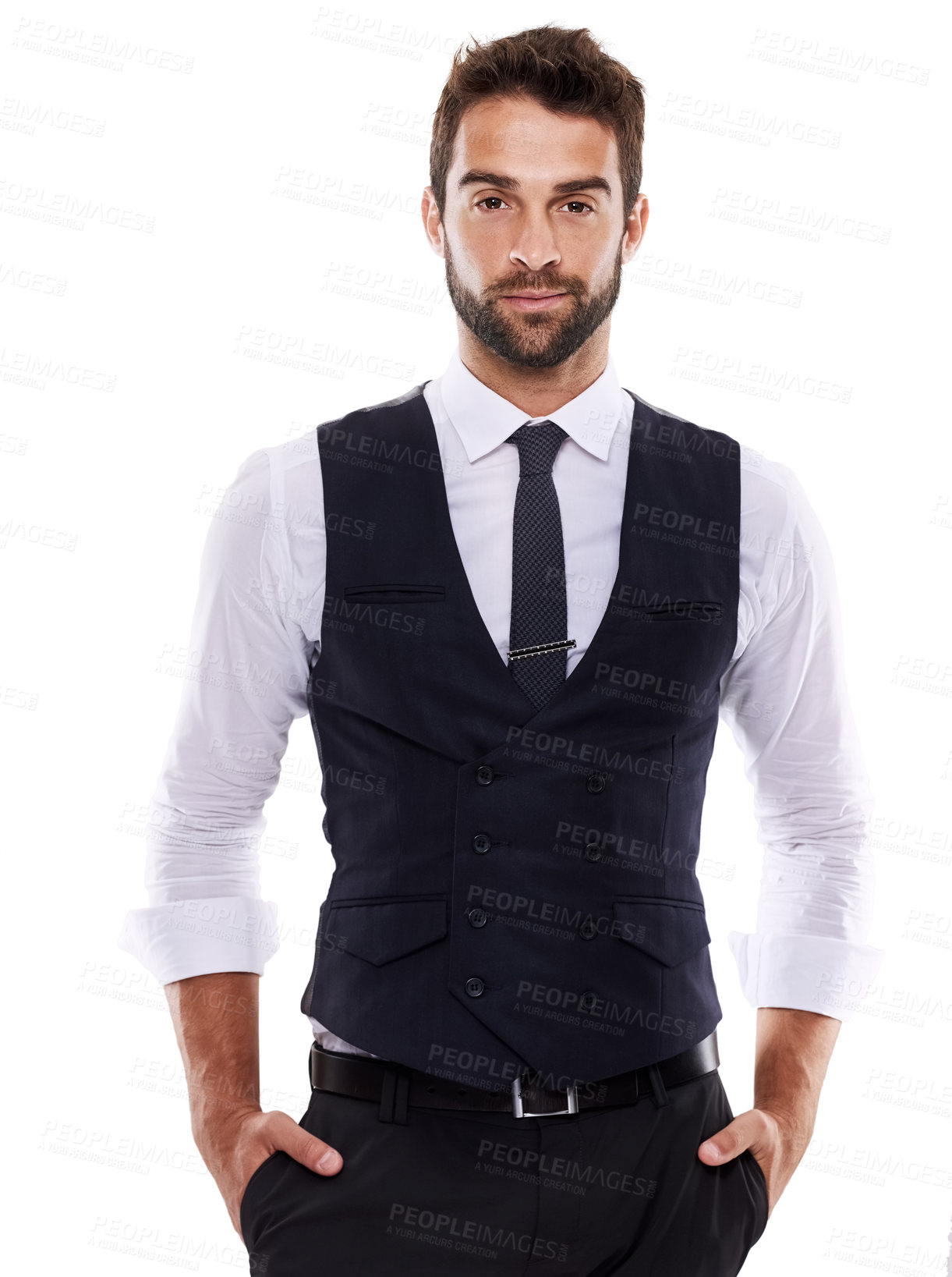 Buy stock photo Studio, entrepreneur and man in suit for portrait, stylish and fashion for aesthetic of glamour and luxury. Adult, guy and male person in white background, tuxedo and professional for job and career