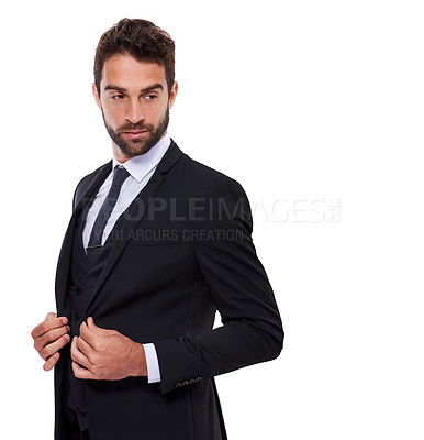 Buy stock photo Businessman, studio and professional fashion tuxedo, corporate work clothes with confident male person. Formal, executive pride in jacket and trendy black tie, suit and designer on mockup background
