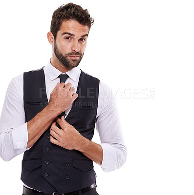 Buy stock photo Studio, pride and man in suit for portrait, stylish and luxury for aesthetic of glamour and fashion. Adult, guy and male person in white background, tuxedo and professional for job and career