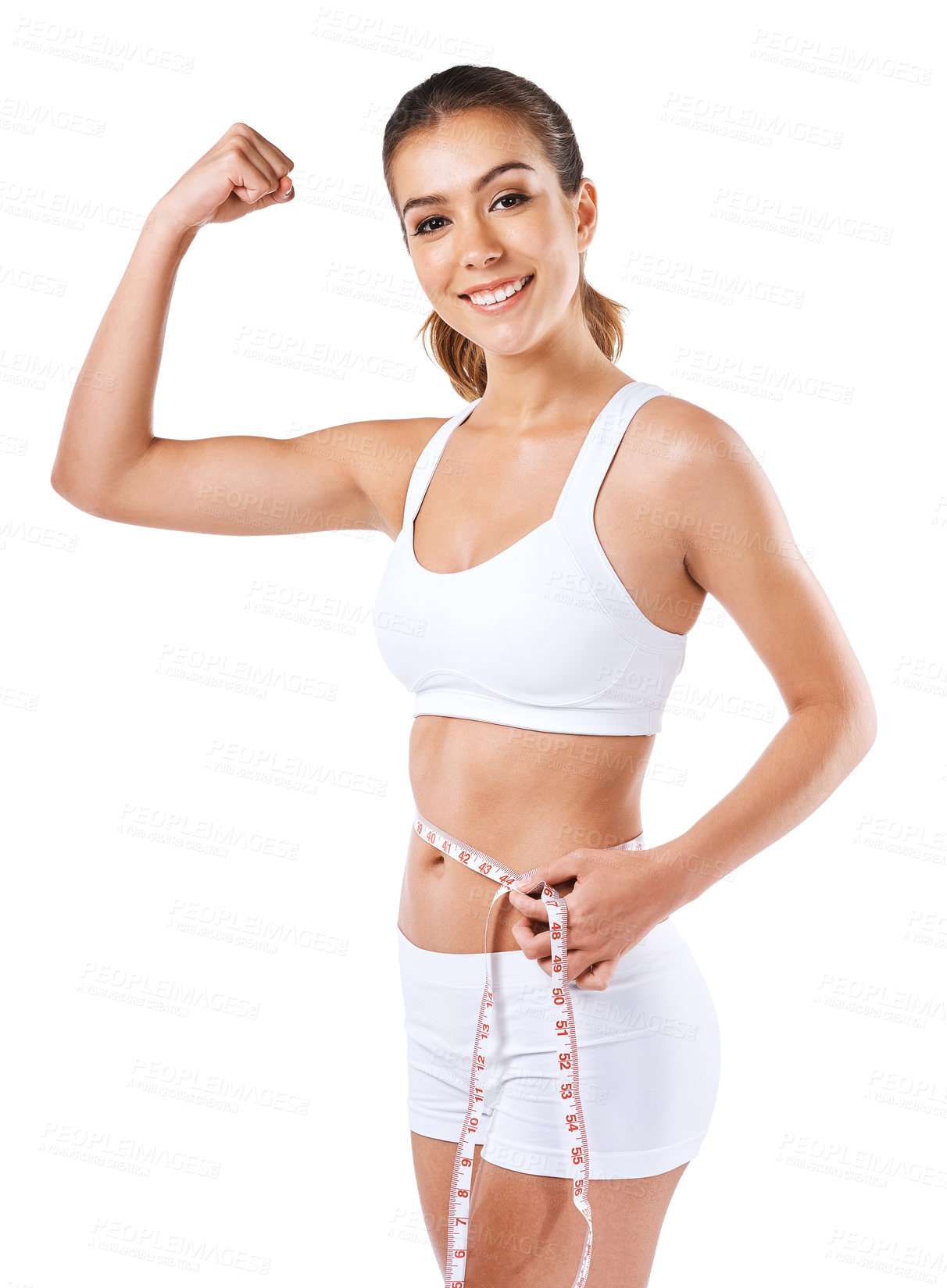 Buy stock photo Cropped shot of a young woman measuring her waist