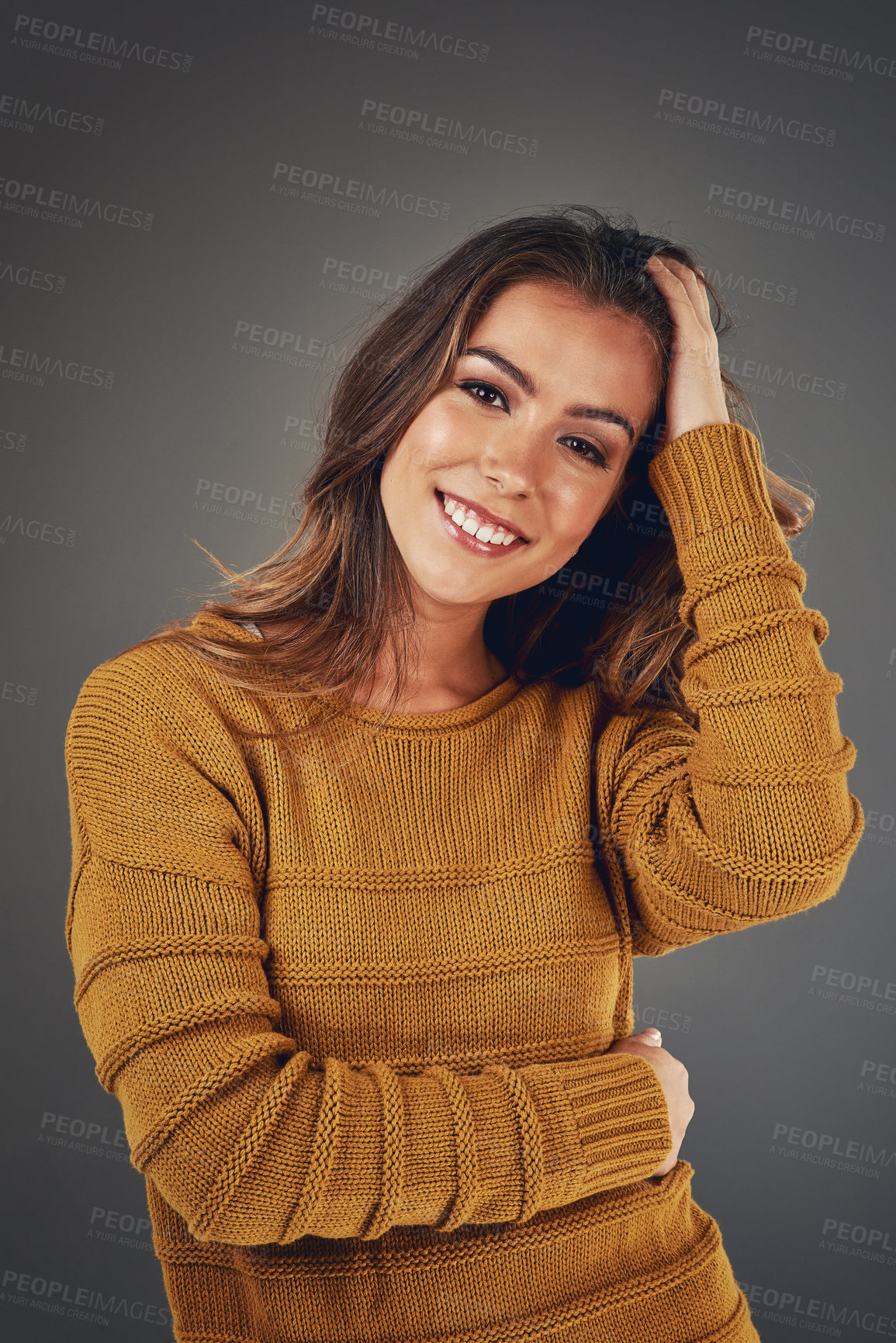 Buy stock photo Hair care, beauty and portrait of woman in studio with volume, salon and routine for shine. Smile, confident and person with collagen treatment for scalp hydration for hairstyle by gray background.