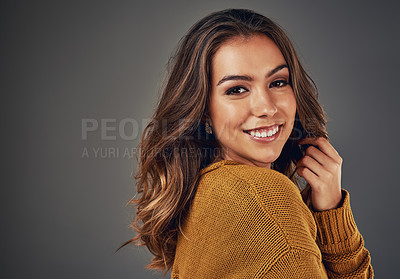 Buy stock photo Woman, happy portrait and hair care with mockup, textures and organic fabric for winter fashion in studio. Girl, smile and hairstyle with shine, space and clothes for cold climate by gray background