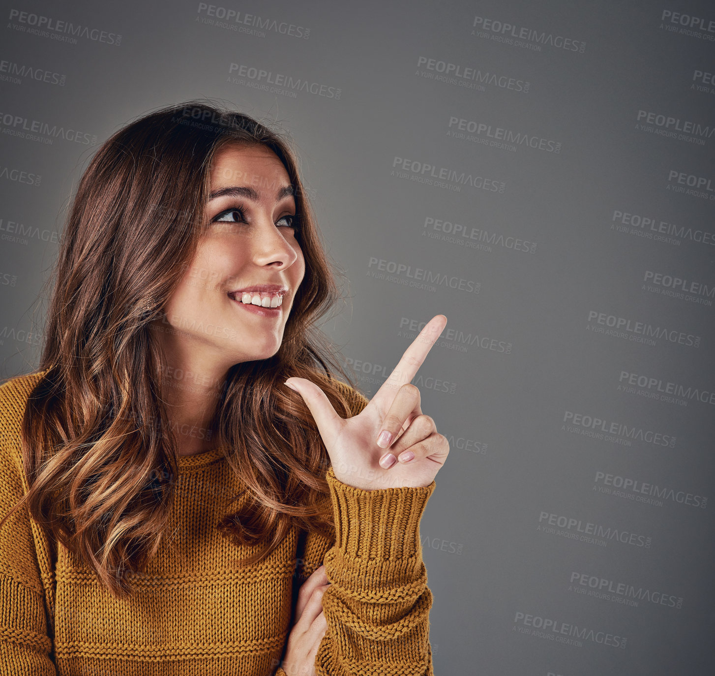 Buy stock photo Pointing, woman and options with decision, choice and opportunity on gray studio background. Person, mockup space and model with hand gesture, promotion and motivation with success, review or options