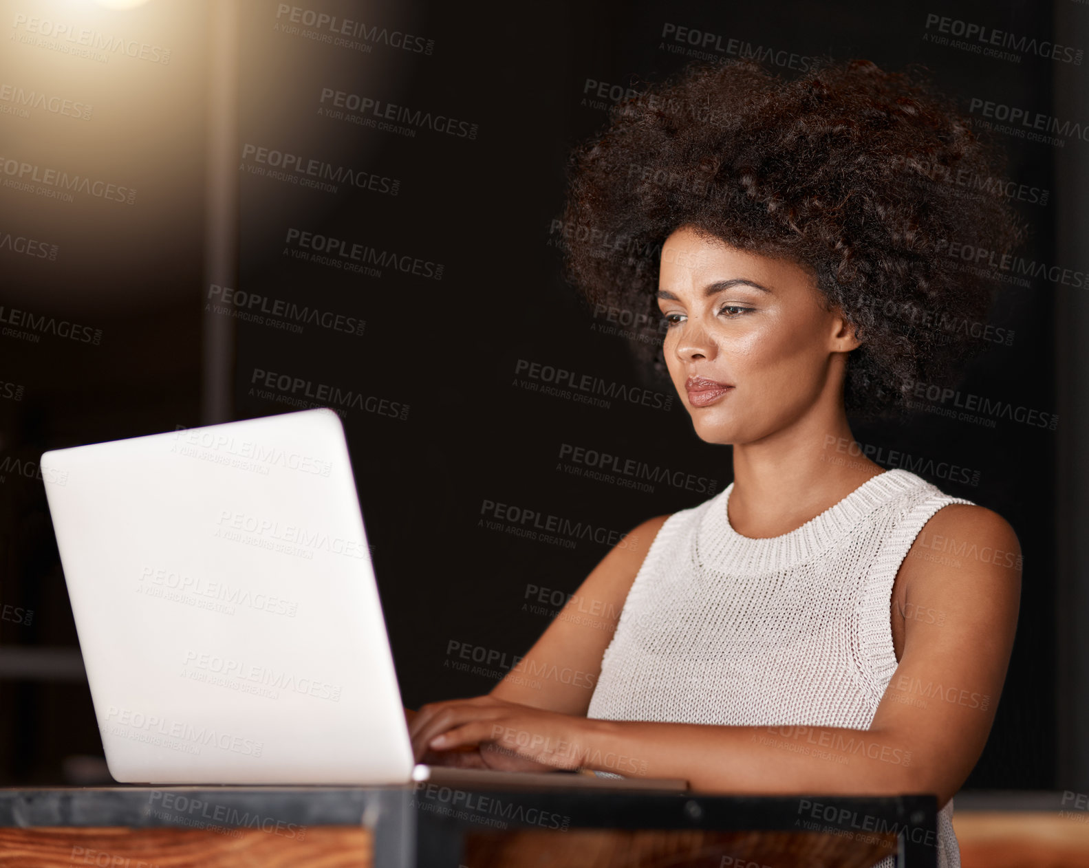 Buy stock photo Business, woman and typing on laptop at night for company admin, feedback email or checking website. Professional, entrepreneur and owner with technology for work deadline, networking and planning