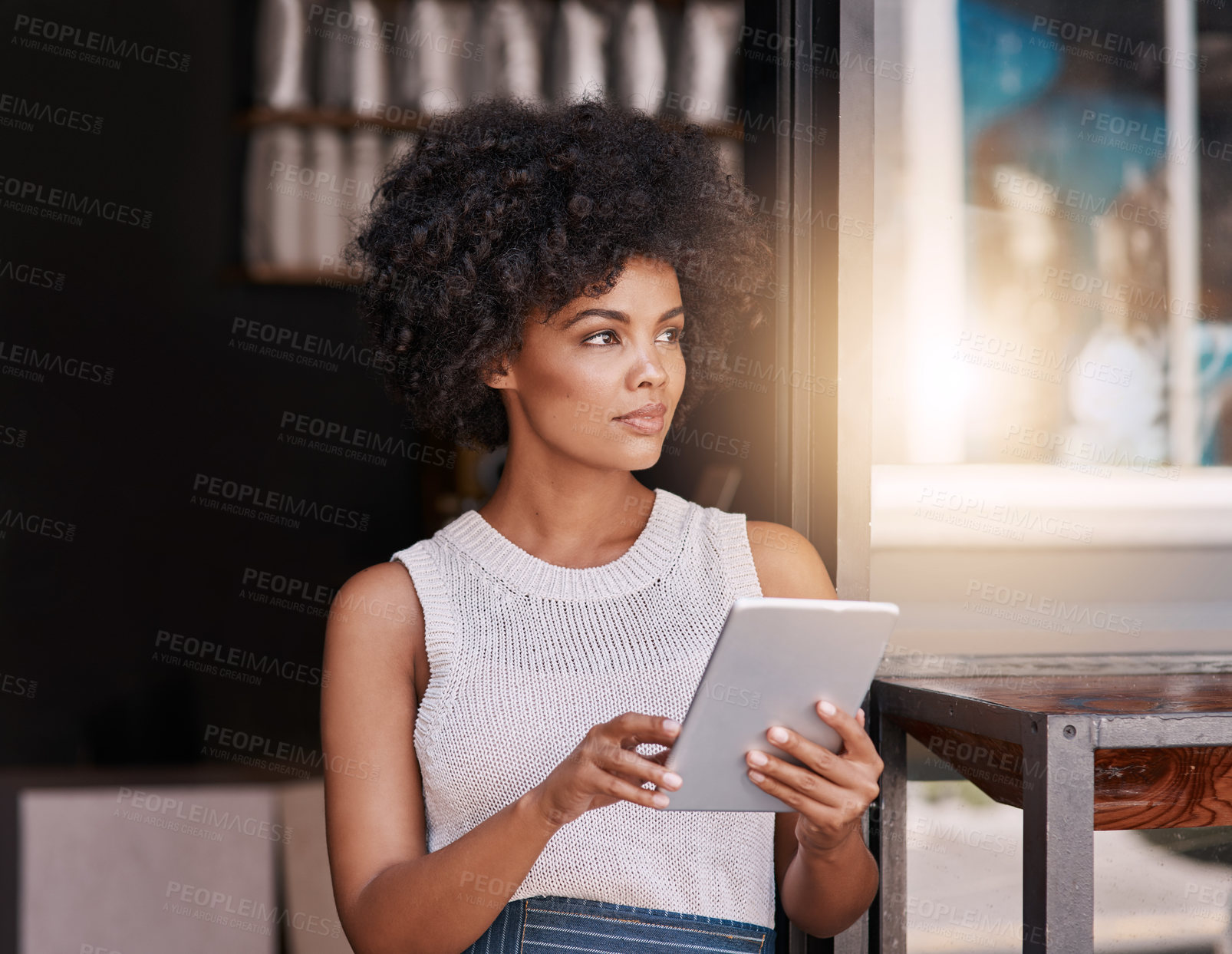 Buy stock photo Black woman, owner and thinking with tablet by coffee shop for menu planning, inventory management and research sales trends. African entrepreneur, online and thoughts for business website and ideas.