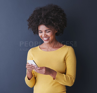 Buy stock photo Social media, chat and black woman reading phone and funny meme, post or laugh at article online. Cellphone, app and person typing contact or communication on internet or website with happiness