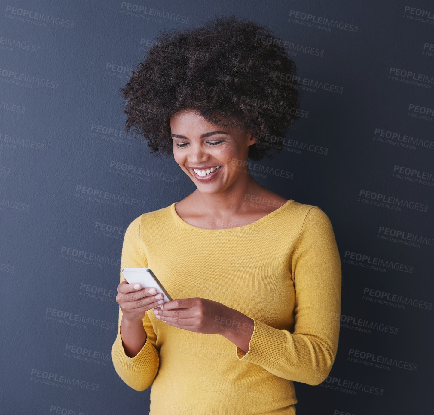 Buy stock photo Social media, chat and black woman reading phone and funny meme, post or laugh at article online. Cellphone, app and person typing contact or communication on internet or website with happiness