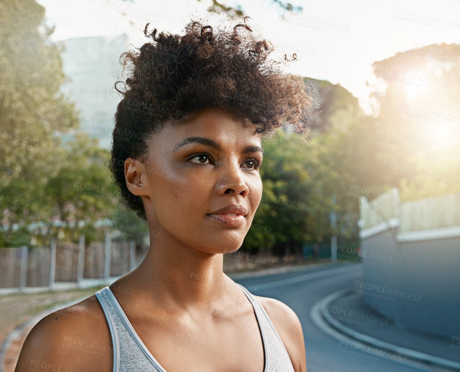 Buy stock photo Black woman, thinking and outdoor with happiness for fitness, exercise and wellness as sports goal. Girl, vision and smile by road with rest or commitment for health, workout or marathon training 
