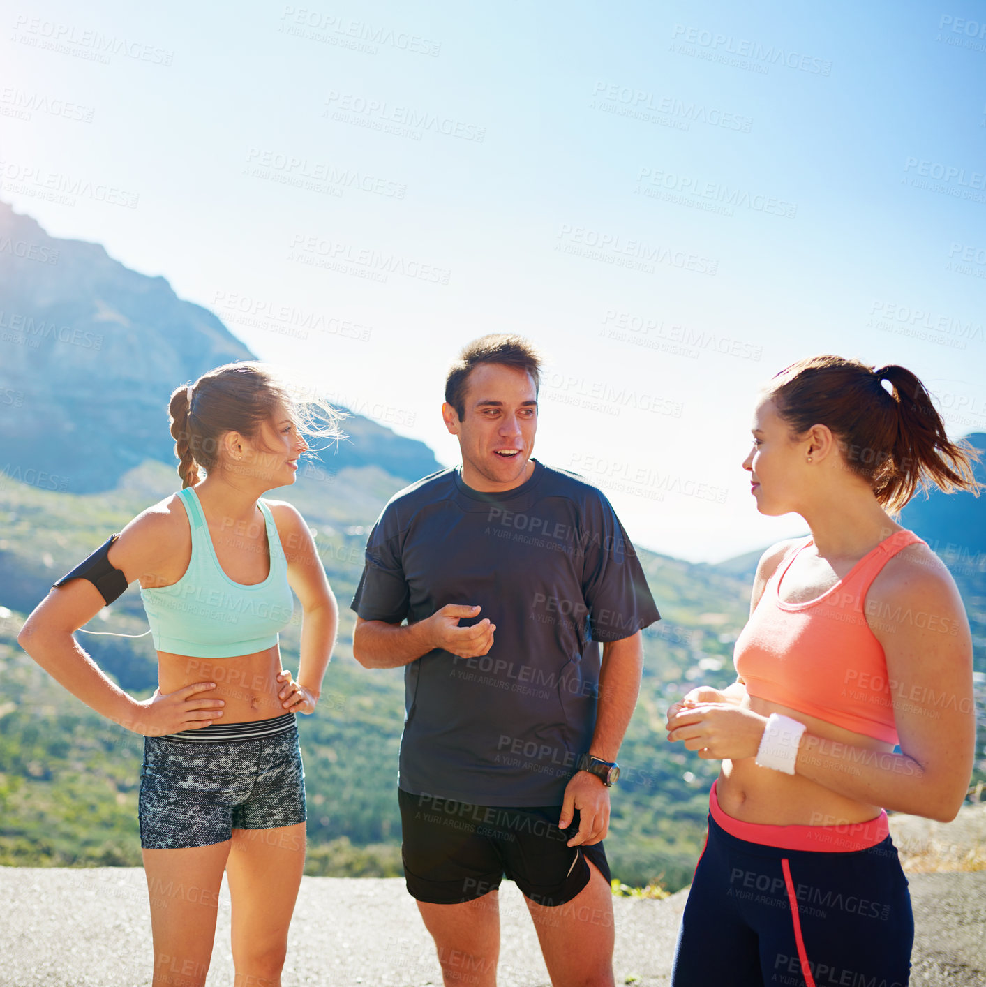 Buy stock photo Fitness, training and people with discussion in nature for morning, exercise and workout plan. Mountain, personal trainer and women with conversation in sunshine for sports idea, advice and help