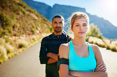 Buy stock photo Running, crossed arms and portrait of couple on road for workout, exercise and marathon training outdoors. Sports, dating and man and woman for cardio for health, fitness and wellness in morning