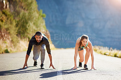 Buy stock photo Race, man and woman on road to start fitness exercise, marathon training and running together in mountain. Ready, challenge and runner with personal trainer, outdoor workout or competition on asphalt