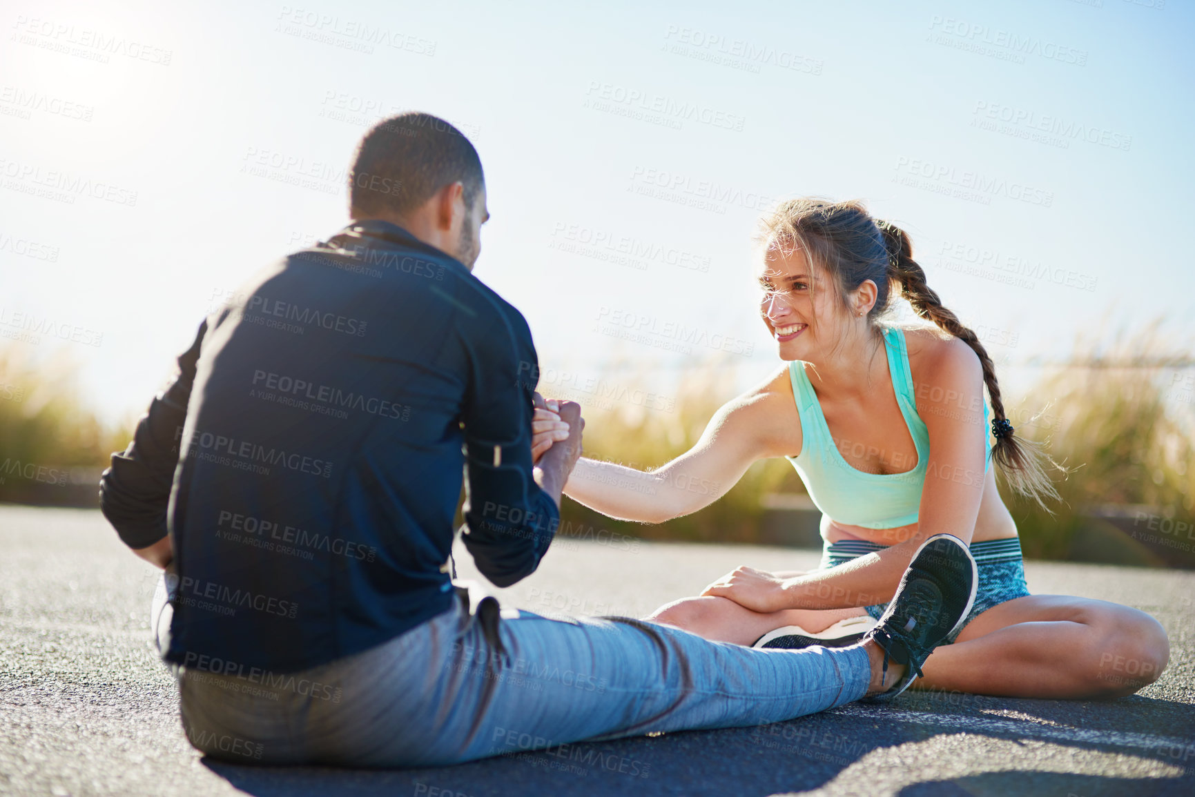 Buy stock photo Couple, fitness and stretching with handshake on road in nature for workout, exercise or training together. Happy man and woman touching in warm up or commitment for outdoor run on street or asphalt