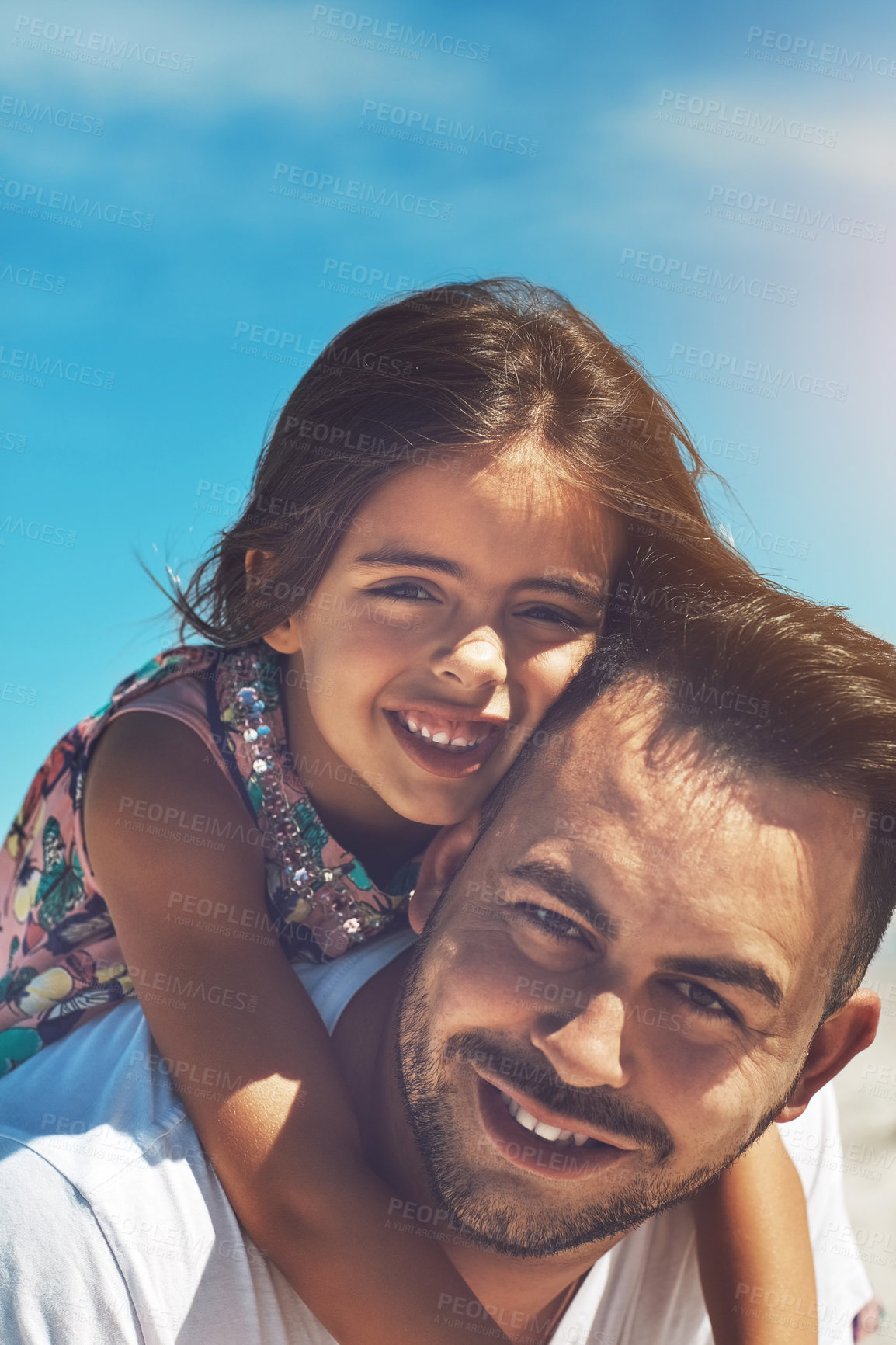 Buy stock photo Holiday, portrait and dad with kid on shoulder with blue sky, smile and happy travel adventure together. Support, nature and man with girl child on outdoor vacation for fun bonding on tropical island