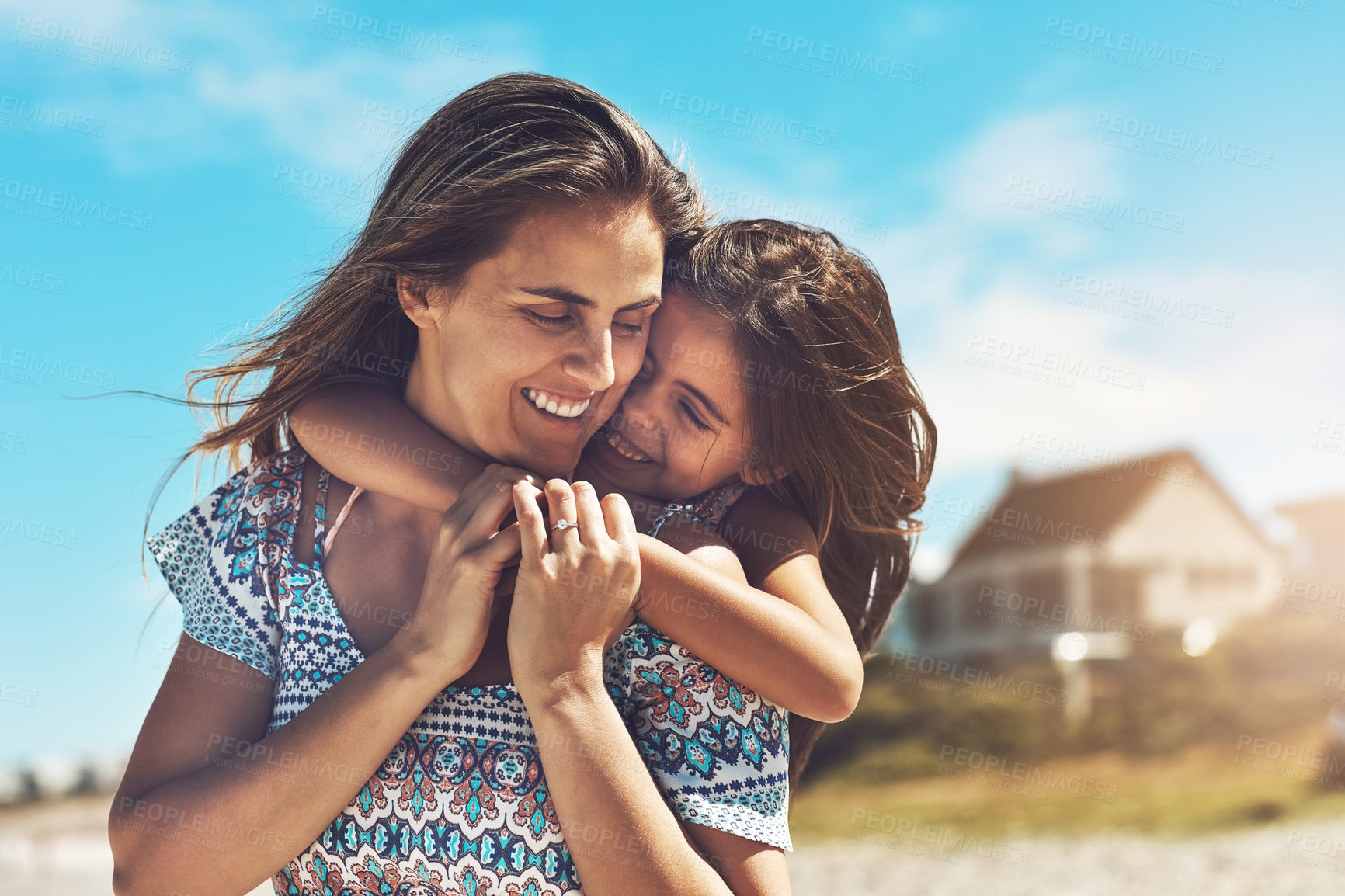 Buy stock photo Together, mother and girl child on beach with piggyback with love for holiday, vacation and development on trip. Happy, woman and daughter on seashore for bonding, adventure and explore bali