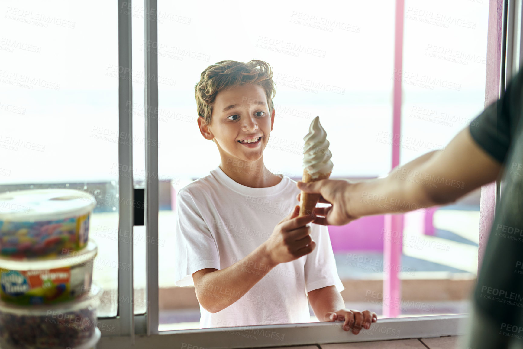 Buy stock photo Shop, window or excited boy child with ice cream surprise outdoor for snack, request or payment on vacation. Industry, customer service or business server hand with kid at a beach for summer dessert