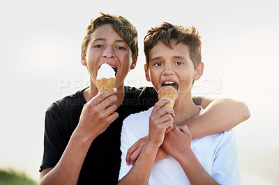 Buy stock photo Portrait of two happy brothers eating ice-cream cones at the beach