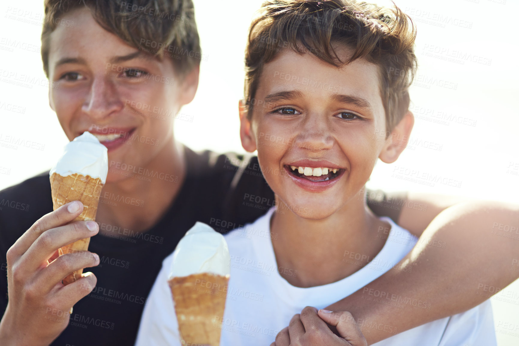 Buy stock photo Kids, portrait and happy siblings with ice cream outdoors with love, care and having fun while bonding on vacation. Face, family and boy children embrace with summer, dessert or snack on travel trip