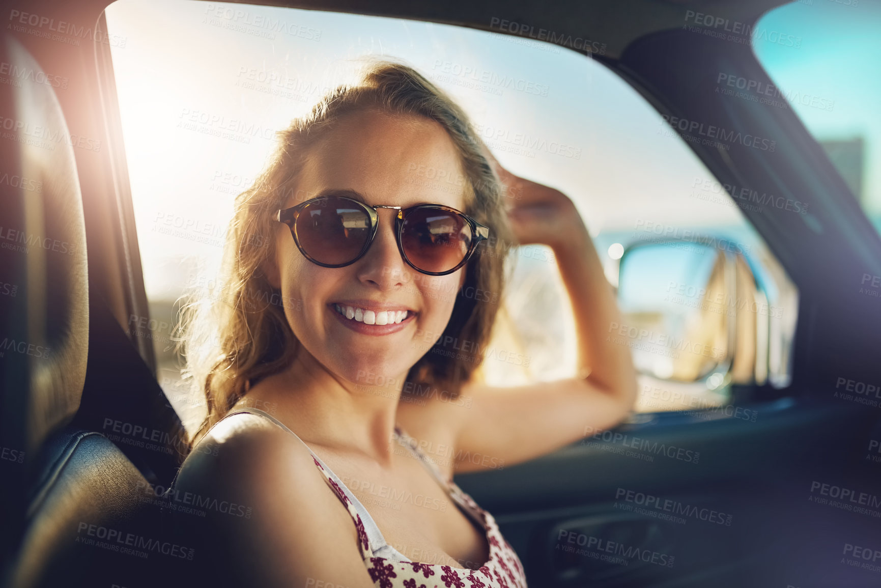 Buy stock photo Portrait, road trip and smile with woman in car for holiday, traveler or vacation transportation. Drive, face and sunglasses with happy passenger person in vehicle for journey to destination