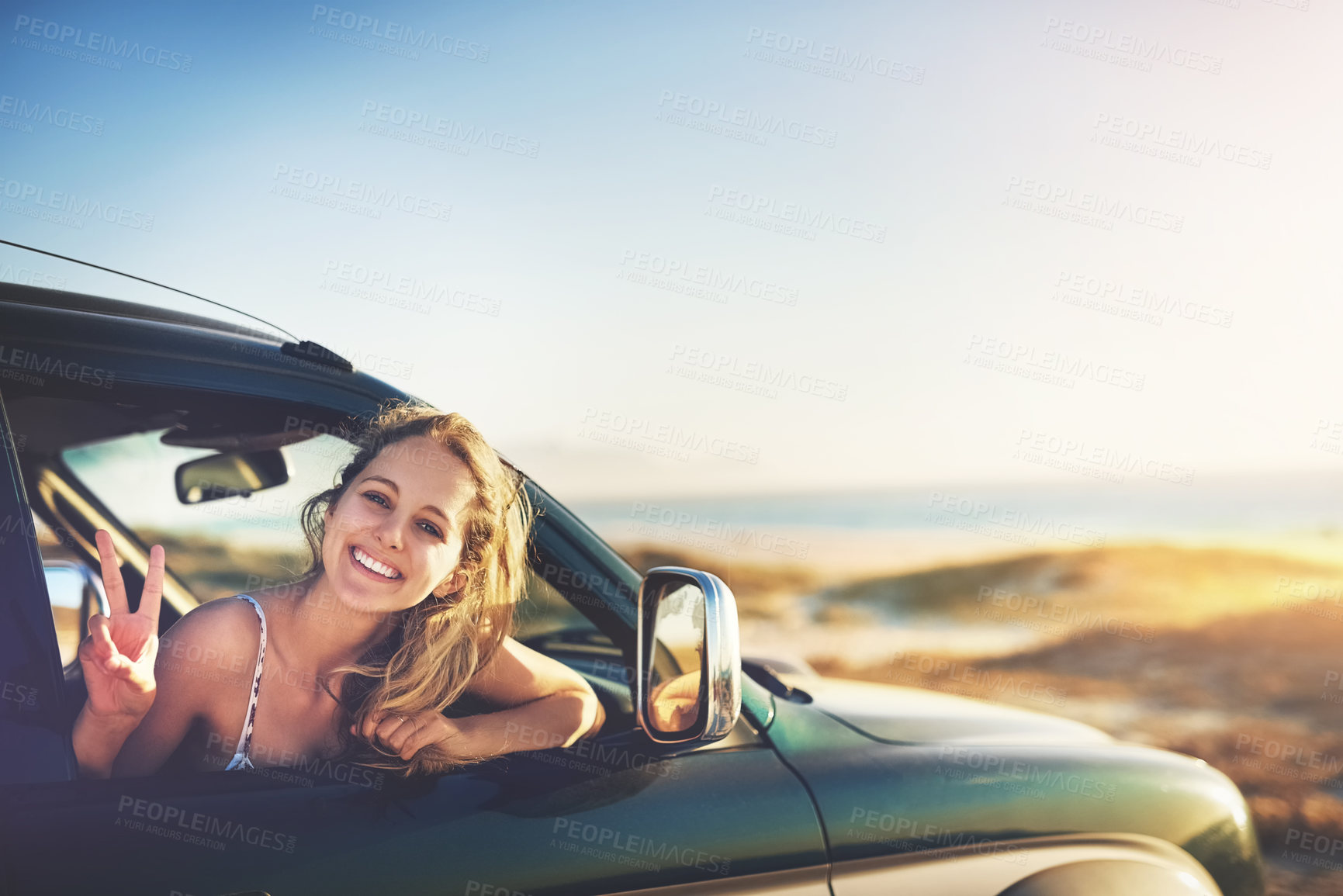 Buy stock photo Woman, peace and travel with smile on road trip, transport window and vacation journey for adventure. Happy, female passenger and relax for portrait, driving and holiday fun to explore outdoor