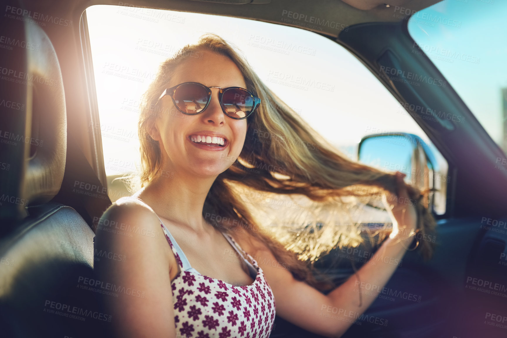 Buy stock photo Smile, portrait and woman with sunglasses in road trip in transport, vacation journey and travel adventure. Happy, female passenger and relax for fashion eyewear, driving and holiday break to explore