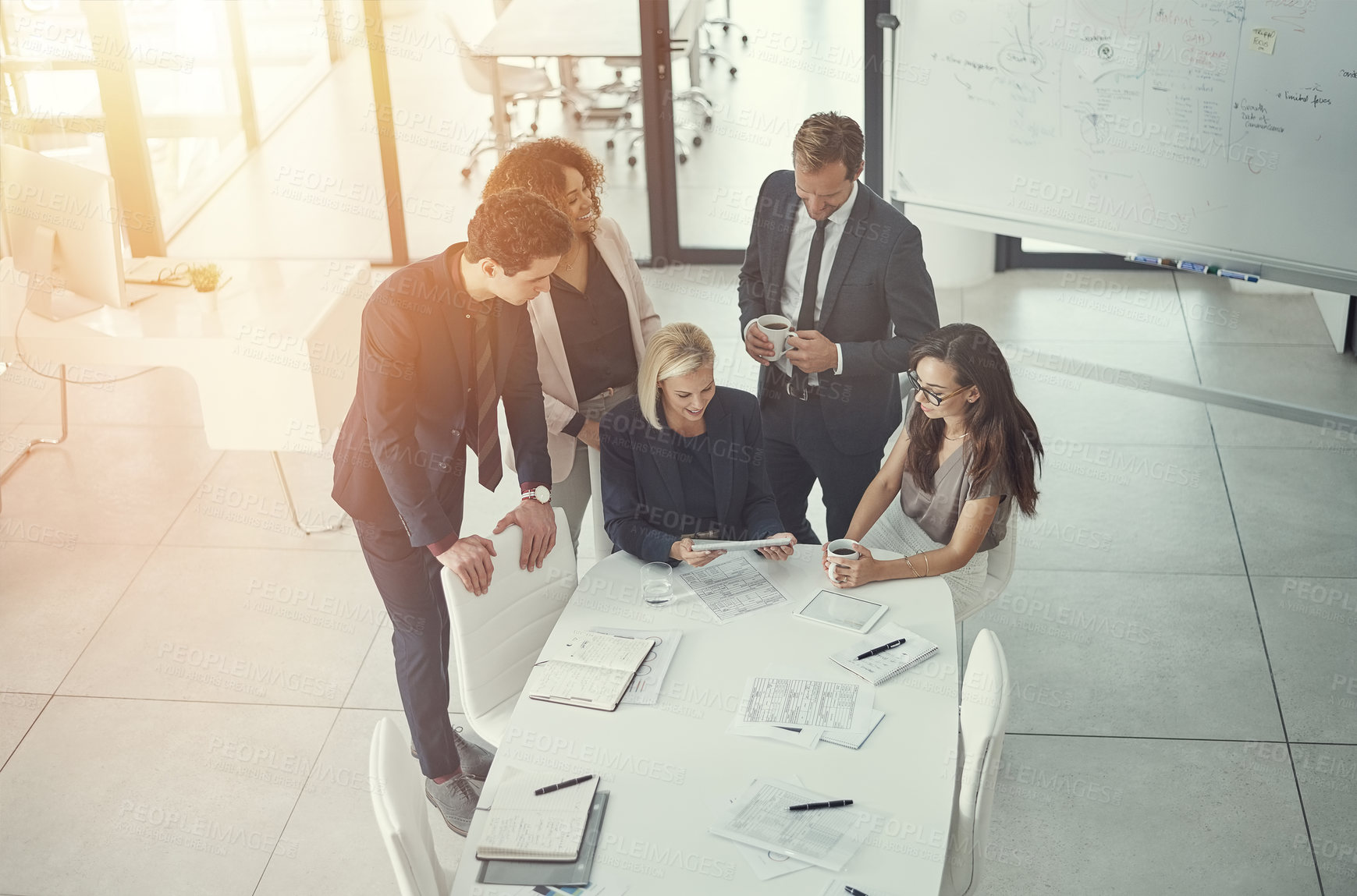 Buy stock photo Brainstorming, teamwork or business people on tablet in meeting for paperwork or project. Advisory, lawyers or attorneys at law firm with legal report, case and top view for discussion and documents