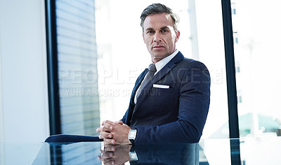 Buy stock photo portrait of a successful businessman sitting at his desk in an office