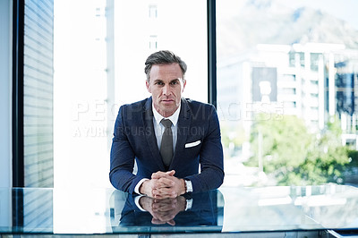 Buy stock photo portrait of a successful businessman sitting at his desk in an office