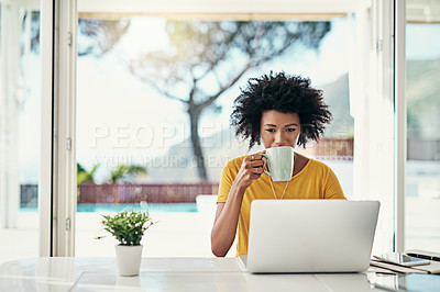 Buy stock photo Laptop, coffee and relax with black woman at home for planning, website and remote worker. Blog, networking and social media with female freelancer reading for email, technology and internet