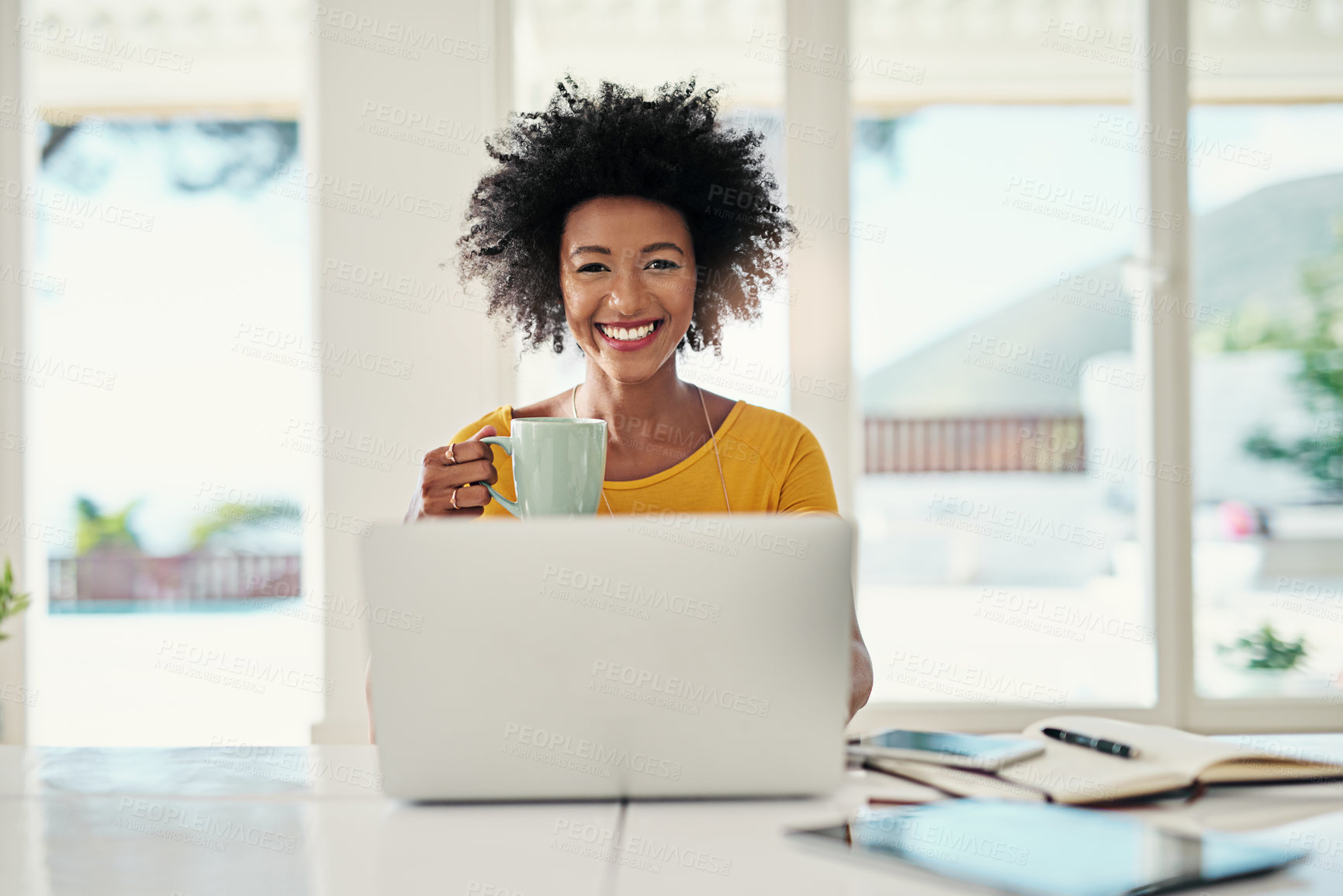 Buy stock photo Laptop, home and coffee with portrait of black woman for planning, website and remote worker. Blog, networking and social media with female freelancer in house for email, technology and internet