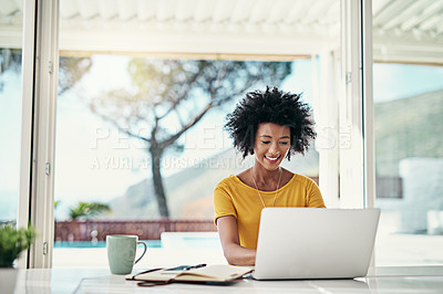 Buy stock photo Laptop, smile and relax with black woman and research for planning, website and remote worker. Blog, networking and social media with female freelancer at home for email, technology and internet