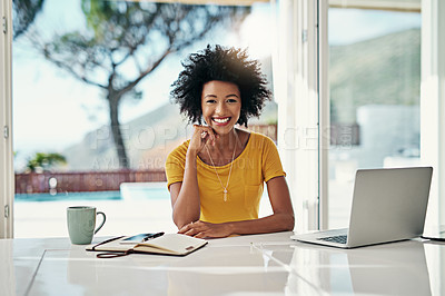 Buy stock photo Laptop, smile and happy with portrait of black woman for planning, website and remote work. Blog, networking and social media with female freelancer at home for email, technology and internet