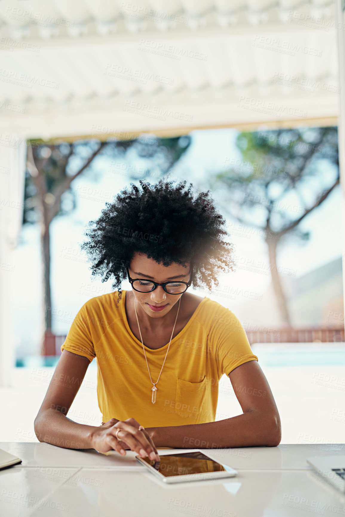 Buy stock photo Black woman, research or tablet in home with scroll for social media management, planning for company. Professional, creative or female person with ebook for reading or email, online update or post