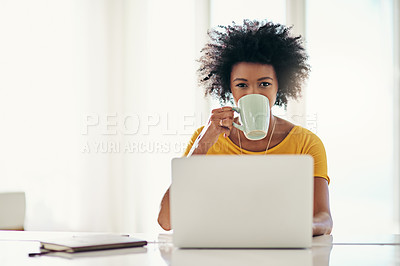 Buy stock photo Laptop, research and coffee with portrait of black woman for planning, website or remote worker. Blog, networking and social media with female freelancer at home for email, technology or mockup space
