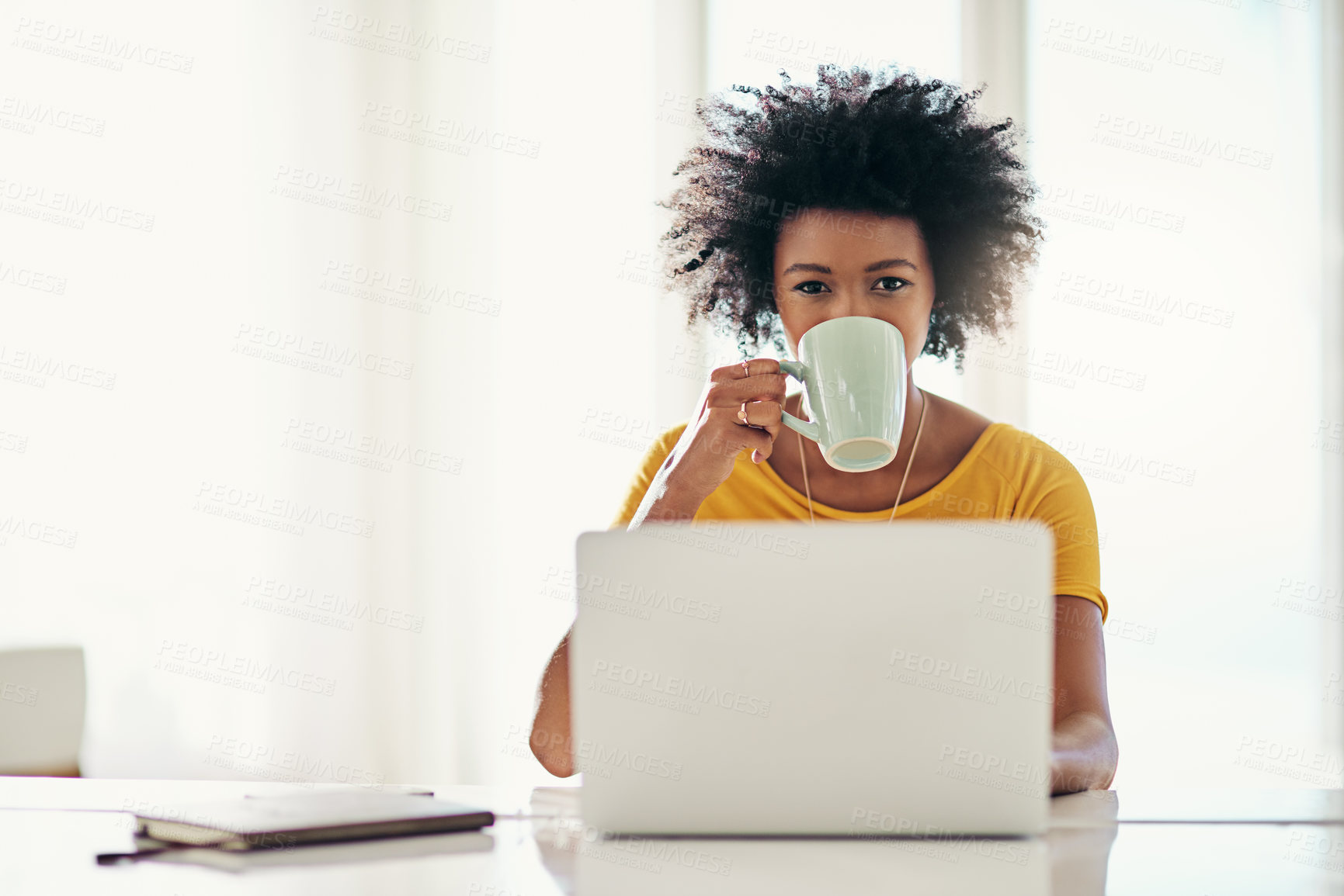 Buy stock photo Laptop, research and coffee with portrait of black woman for planning, website or remote worker. Blog, networking and social media with female freelancer at home for email, technology or mockup space