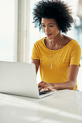 Buy stock photo Laptop, focus and research with black woman in apartment for planning, website and remote worker. Blog, networking and social media with female freelancer at home for email, technology and internet