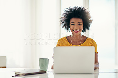 Buy stock photo Laptop, smile and online with portrait of black woman for planning, website and remote worker. Blog, networking and social media with female freelancer at home for email, technology and internet