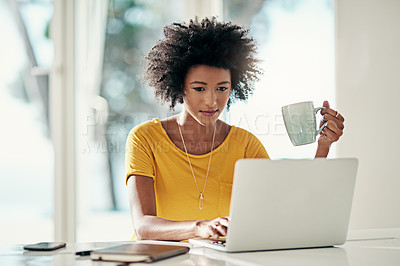 Buy stock photo Laptop, blog and research with black woman and coffee for planning, website and remote work. Relax, networking and social media with female freelancer at home for email, technology and internet