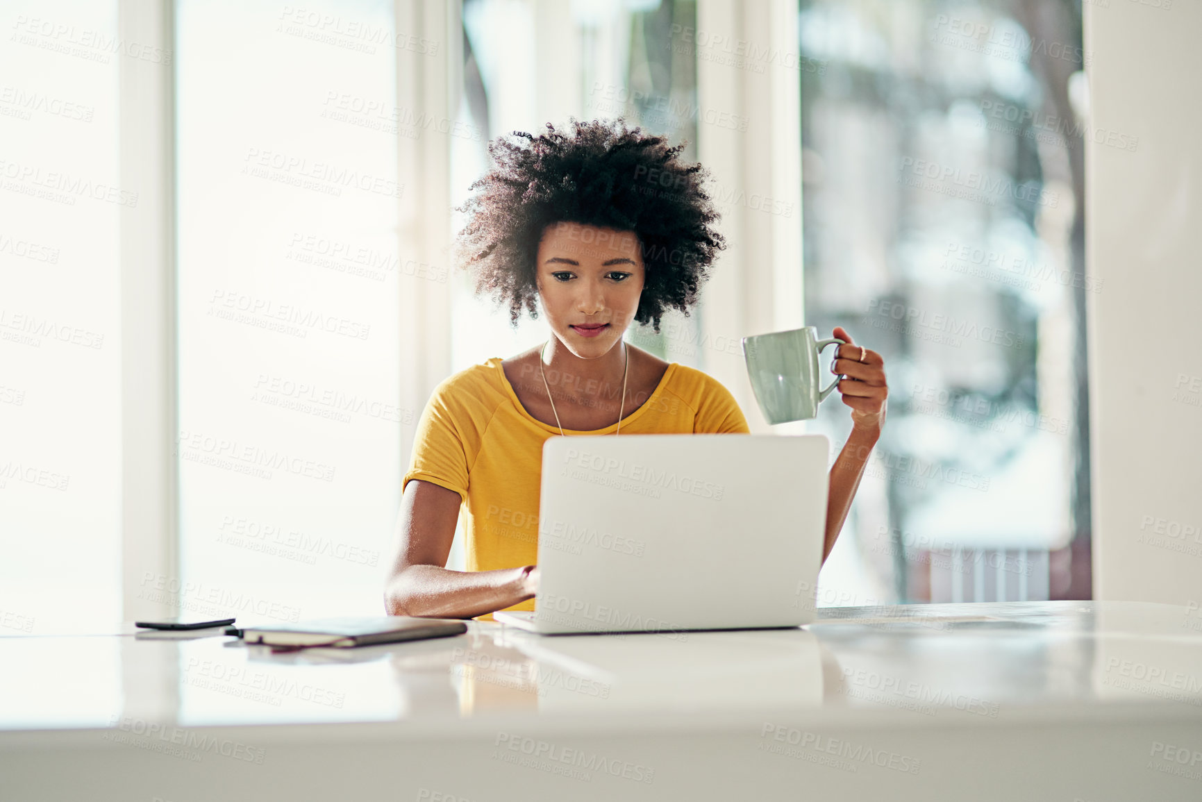 Buy stock photo Black woman, reading and laptop in home with smile for career, social media management for company. Professional, creative and female person with pc for research with email marketing, happy for post