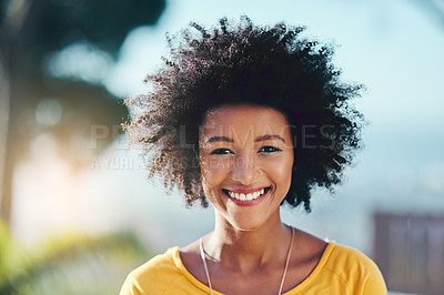 Buy stock photo Portrait, Brazil woman and smile in nature with confidence, pride and natural beauty in summer. Creative, gen z girl and happy for idea in design, pride and outdoor for inspiration in industry