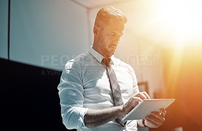 Buy stock photo Office, attorney and businessman with tablet for research, legal aid and case information. Low angle, mature person and corporate lawyer with digital for reading email, law firm and justice by flare