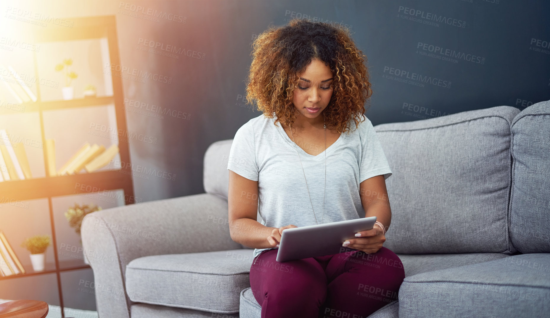 Buy stock photo Shot of a young businesswoman using a digital tablet on the sofa in a modern office