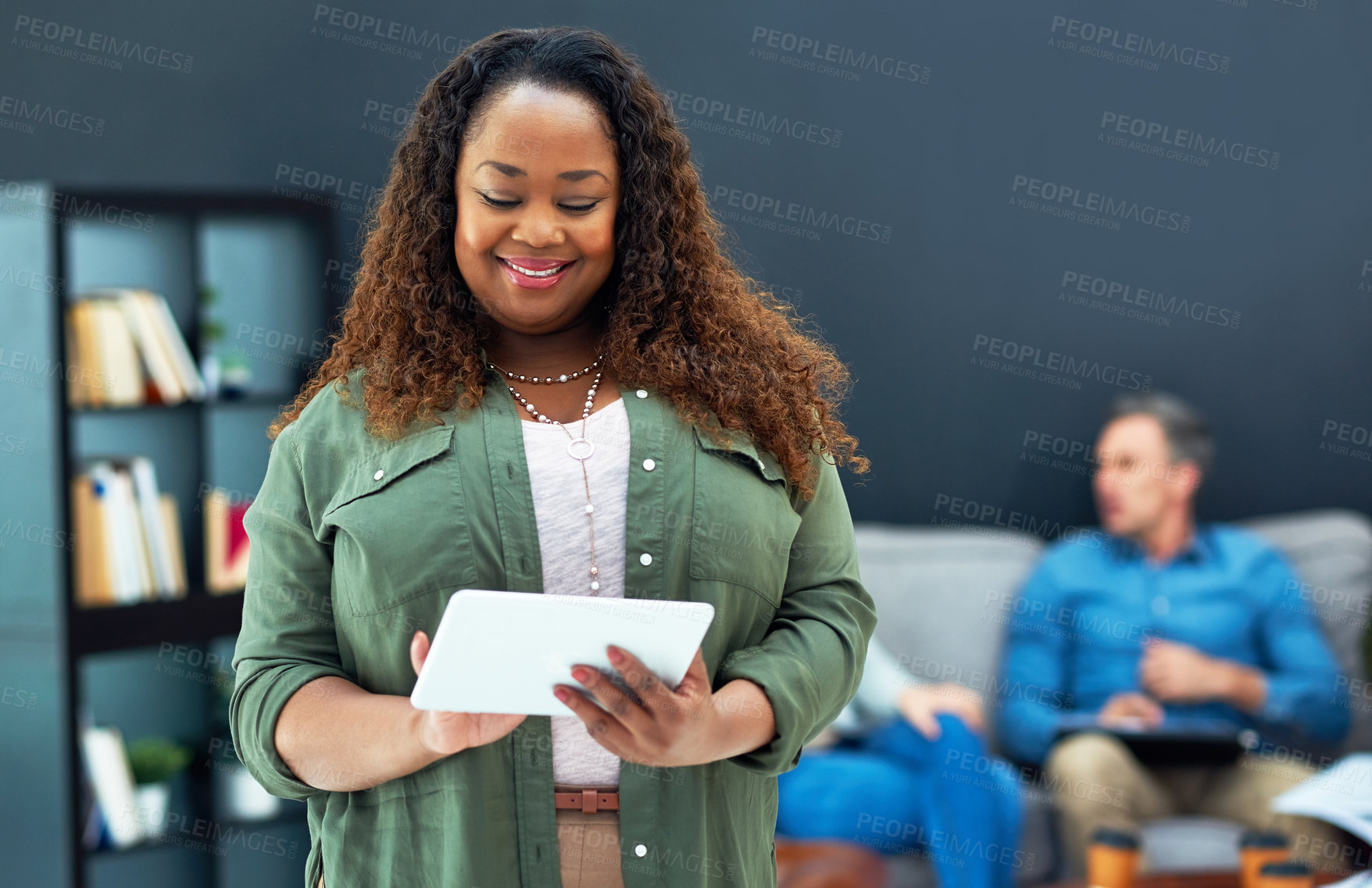 Buy stock photo Woman, smile and business in office with tablet, online and reading email in workplace. Happy, female person and manager in company with technology, communication and notification on digital app.