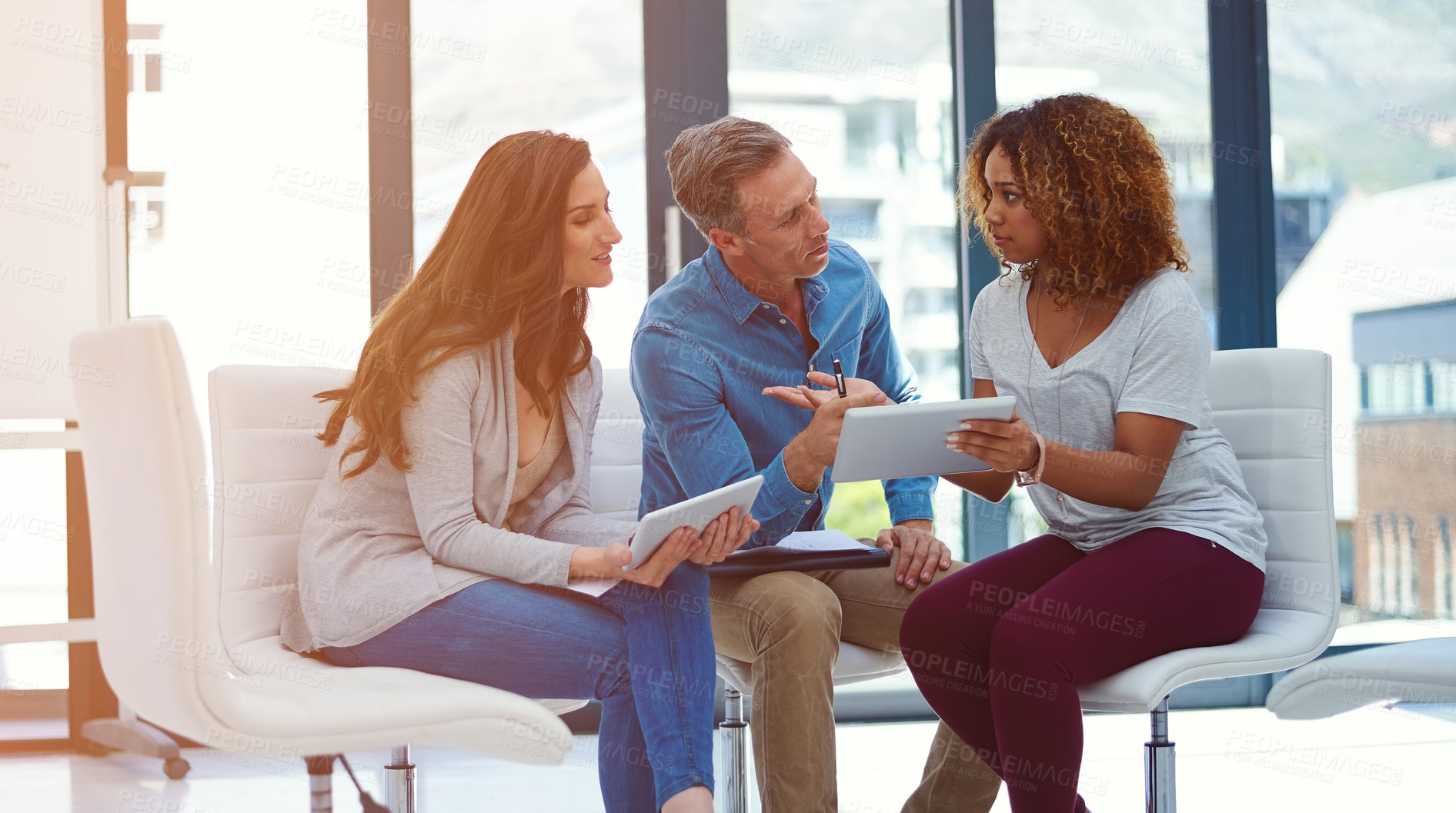 Buy stock photo Office, teamwork and business people with tablet for meeting, research and story trends for publication. Collaboration, journalists and editor in newsroom for article solution, review web or feedback