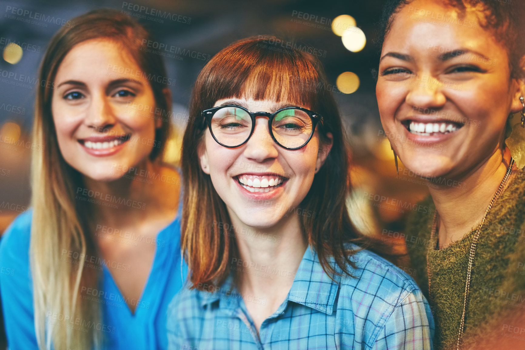 Buy stock photo Portrait, happy and women with friends at cafe for hangout, social gathering and nightlife reunion. Smile, group and people at bar with bokeh, evening fun and weekend outing for bonding together